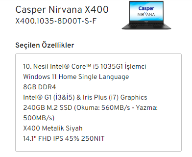 İkinci el Casper Nirvana X400 kaç TL eder? | Technopat Sosyal