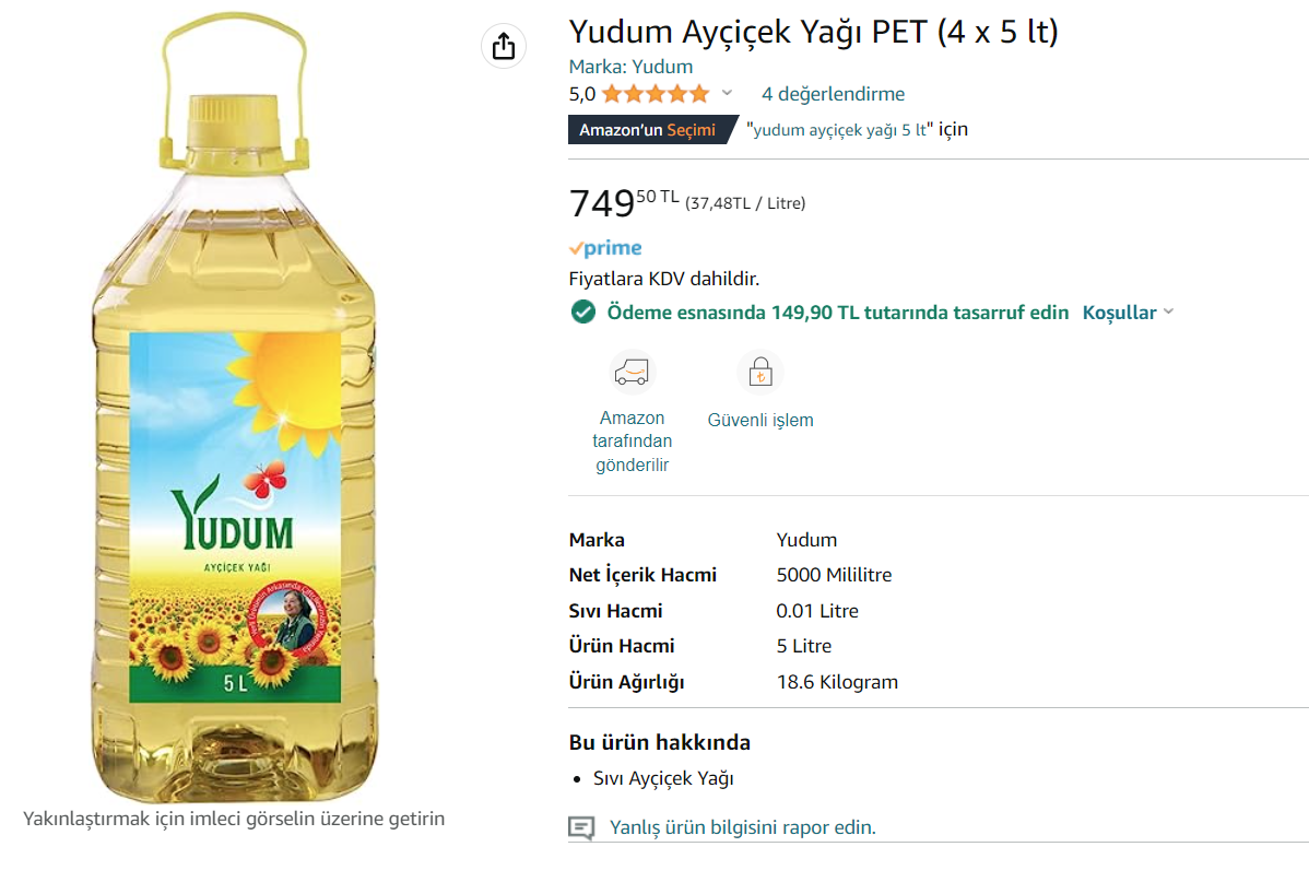 Gıda: Yudum Ayçiçek Yağı PET (4 x 5 lt) Sepette 550TL! | Technopat Sosyal
