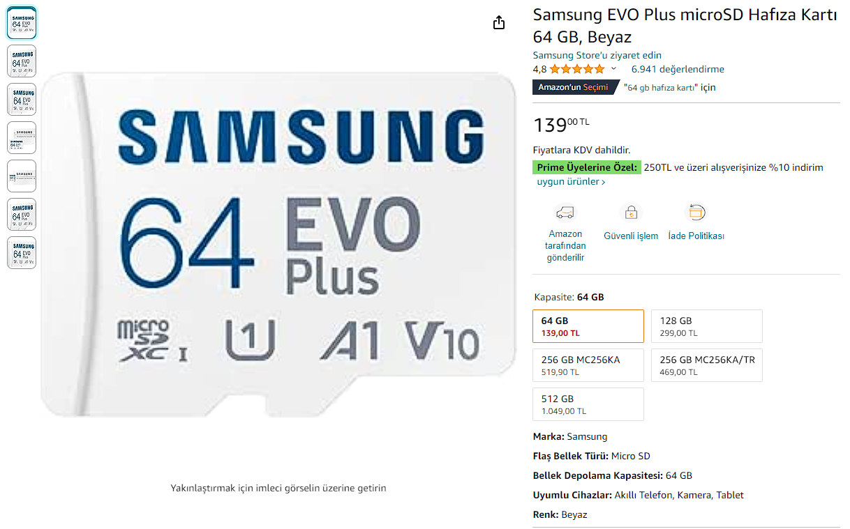 Elektronik: Samsung EVO Plus 64 GB microSD kart | 139₺ | Technopat Sosyal