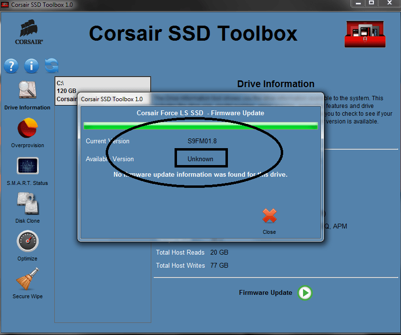 Corsair LS 120GB SSD Toolbox ile Firmware Güncelleme - Unknown Sorunu