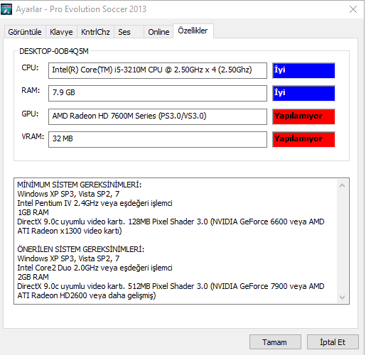 i5 1. nesil - HD 7600M Sistem PES 2013 kaldırmaz mı?