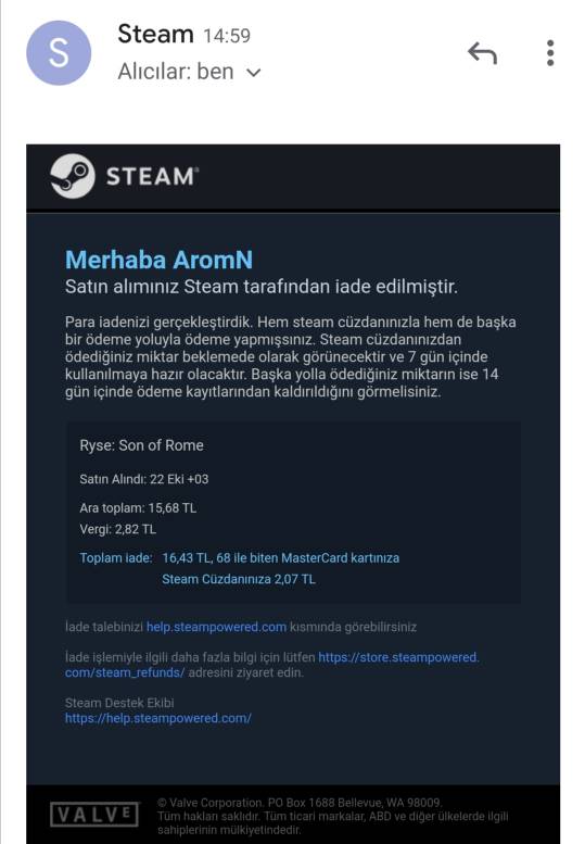 Steam iade edilmiştir mesajı geldi fakat para gelmedi