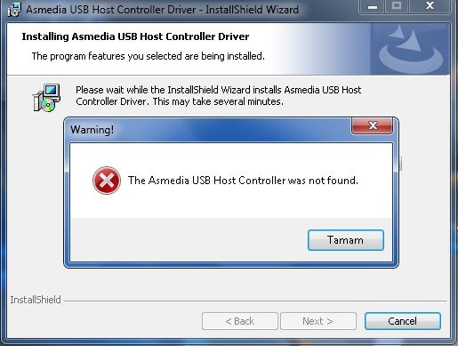 USB sürücüsü kurarken "The Asmedia USB Host Controller was not found" hatası